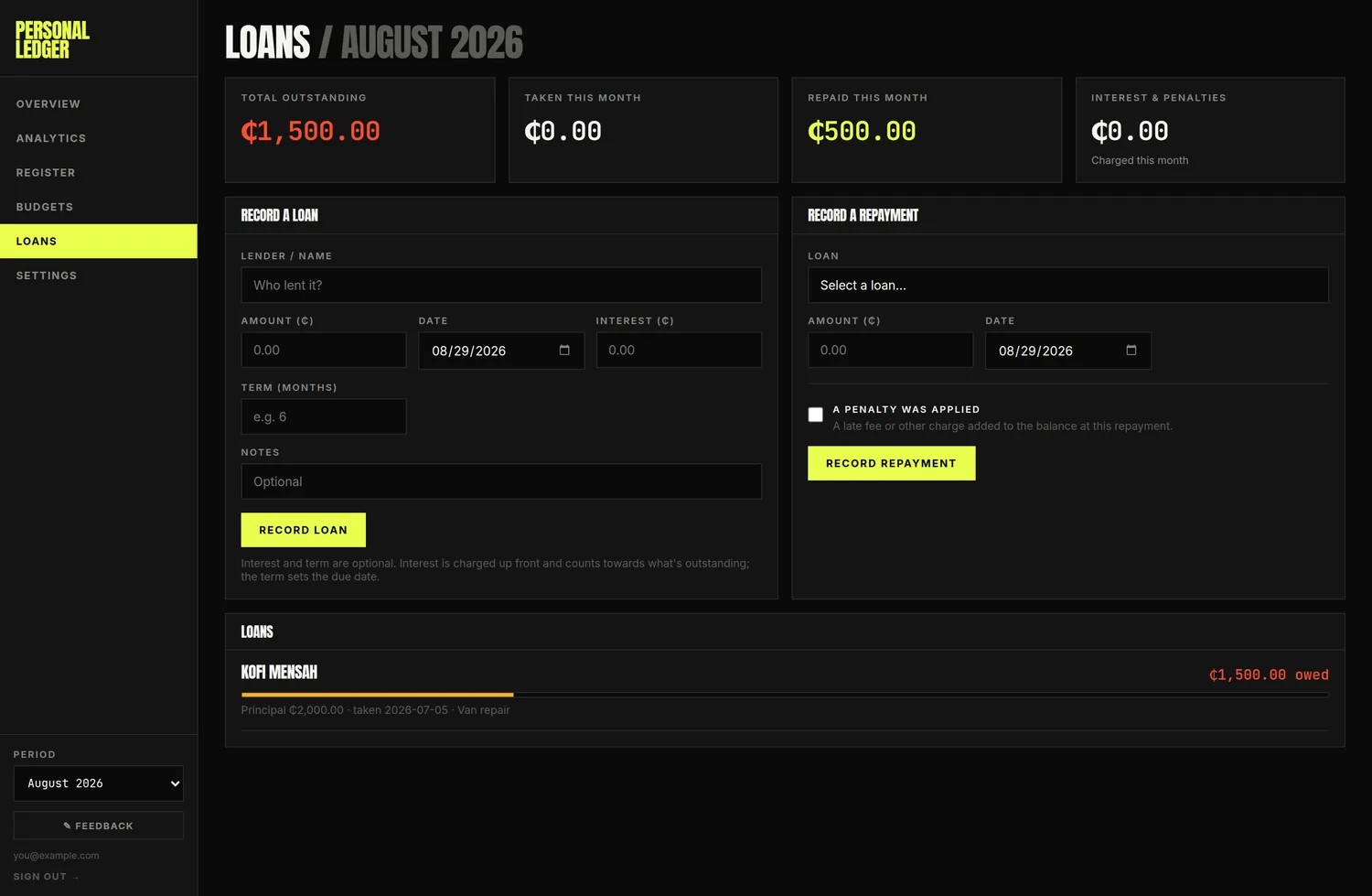The Loans screen, showing outstanding and monthly tiles, the loan and repayment forms, and the list of loans