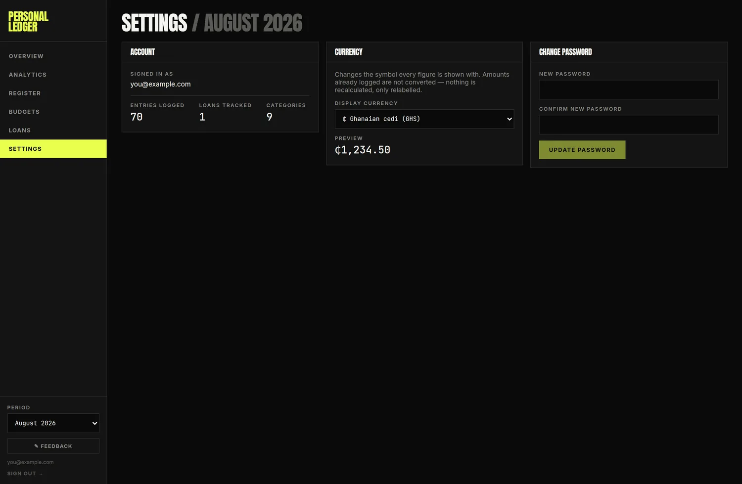 The Settings screen, showing the account summary, currency picker and password change form