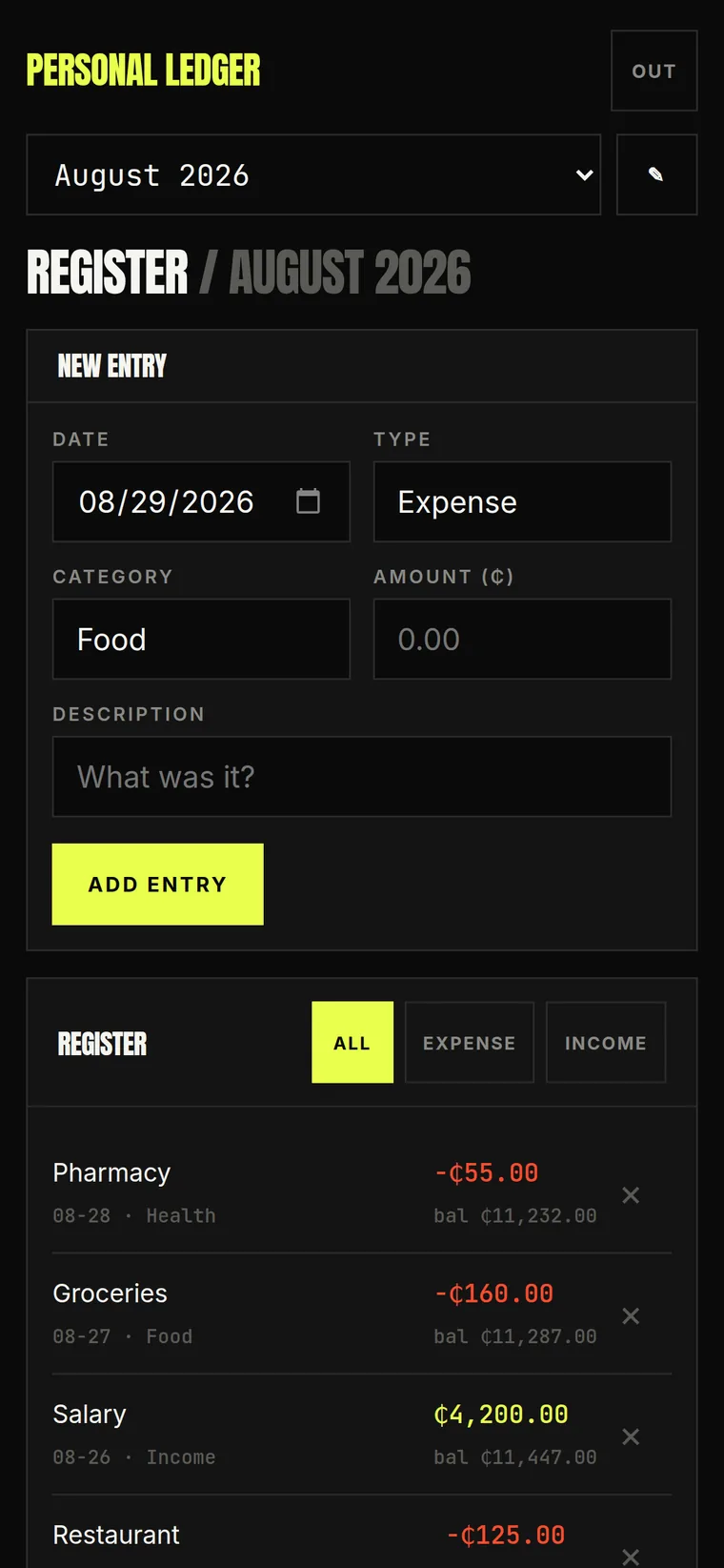 Register on a phone, with each entry shown as a card rather than a table row